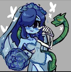 a drawing of a woman with blue hair holding a flower and a green lizard on her arm