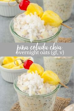 pineapple and coconut overnight oatmeal in small glass bowls