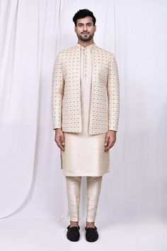 Cream jacket with thread embroidery in geometric pattern. Paired with matching kurta and pant. - Aza Fashions Cream Long Sleeve Nehru Jacket With Resham Embroidery, Cream Nehru Jacket For Festivals, Straight-cut, Luxury Cream Nehru Jacket, Embroidered Cream Nehru Jacket Straight Kurta, Pant Art, White Semi-stitched Long Sleeve Nehru Jacket, Cream Jacket, Pattern Jacket, Nehru Jacket