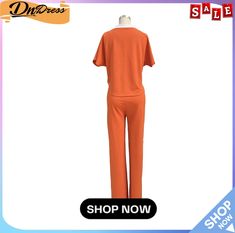 Women Casual Short Sleeve T-shirt + Pant Two Pieces Casual Orange Workwear Sets, Solid Color Short Sleeve Pant Set For Summer, Solid Short Sleeve Pant Set For Summer, Summer Short Sleeve Solid Pant Set, Spring Stretch Pant Set With Short Sleeves, Stretch Short Sleeve Pant Set For Spring, Spring Stretch Short Sleeve Pant Set, Spring Short Sleeve Stretch Pant Set, Summer Short Sleeve Stretch Pant Set