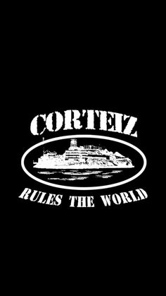 the logo for cortez rules the world on a black shirt with white lettering