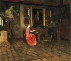 a painting of a woman in a red dress sitting at a table with a piano