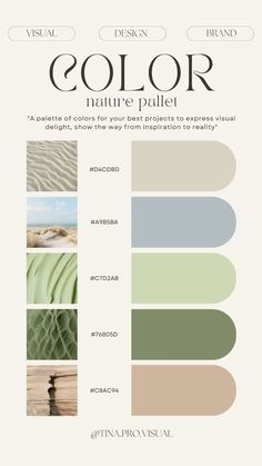 the color palette is shown in shades of green, beige and white with text that reads