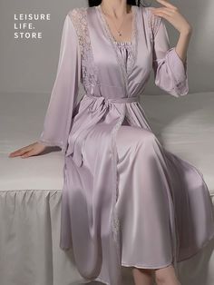 Lilac Retro Waisted Nightdress Waisted Long Satin Nightdress Chest Pad Suspenders Nightdress Robe and Nightdress Set Women’s Retro Style Home Wear Suit Wedding Night Outfit, Purple Sleepwear, Nightdress Nightwear, Silk Night Dress, Luxury Nightwear, Retro Fashion Women, Cute Sleepwear, Fairytale Dress, Vintage Elegance