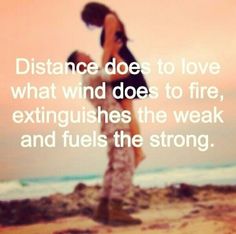 two people standing on top of a beach next to the ocean with a quote about distance