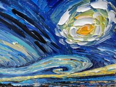 an abstract painting with blue, yellow and white swirls in the sky above water