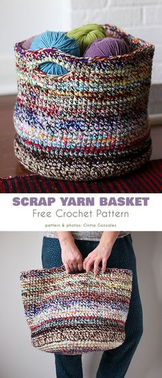 a woman is holding a crochet basket with balls of yarn in it and the text overlay reads, scrap yarn basket free crochet pattern