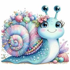 a blue snail with flowers and pearls on its back