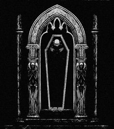 a black and white image of a gothic door