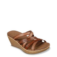 Look fabulous without compromising on comfort by choosing these women's Skechers Cali® Beverlee - Tiger Posse luggage (brown) wide width sandals. Made of synthetic duraleather upper highlighted with beautiful laser cutouts and embroidered details, these vegan-friendly casual sandals have a round open toe and easy slip-on design. Features include smooth synthetic lining, contoured Luxe Foam® cushioned comfort synthetic footbed for all-day wear, smooth natural cork veneer midsole, wedge heel, and Wide Width Sandals, Laser Cutout, Skechers Women, Skechers Shoes, Casual Sandals, Wedge Sandal, Slide Sandals, Wedge Heels, Slip On Sandal