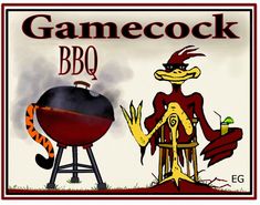 an image of a bbq sign with a cartoon character cooking food on the grill