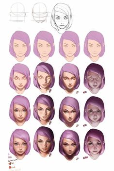 a bunch of different facial expressions on a woman's face and head, all in purple