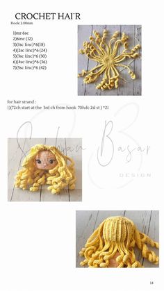 the instructions for crochet hair are shown in three different styles, including yellow and brown