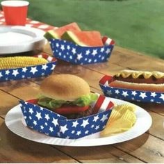 a table topped with paper plates filled with food