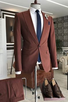 Men Suit Chic Rufous Peaked Lapel 2 Pieces Bespoke Striped Business Se – 27dress Burgundy Jacket, Striped Two Piece, Business Men, Lapel Jacket