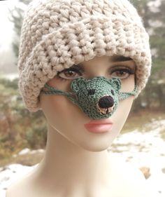 Cotton teddy bear in a mild mint green color - will protect your nose against the cold. I crochet it from certified cotton to make it safe even for allergy sufferers. Winter Crochet Crafts With Yarn, Novelty Winter Crochet Hat, Crochet Nose, Animal Noses, Food Pillows, Nose Warmer, Clothes Winter, Winter Party, Holiday Art