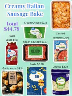 an advertisement for frozen italian sausage bake with prices in the bottom left hand corner