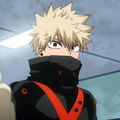 an anime character with blonde hair and red eyes wearing a black outfit, looking at the camera