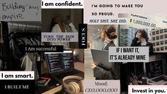 a collage of images with words and pictures on them that include women in business attire