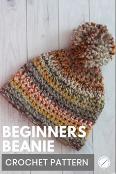 A multicoloured crochet beanie with pompom Quick And Easy Crochet Beanie Patterns Free, Cute Stuff To Crochet, How To Crochet A Beanie, Easy Crochet Hats For Beginners, Crochet Beanie Hat Free Pattern, Easy Crochet Beanie, Crochet Hats Free Pattern Ladies, Crocheted Beanies, Chunky Crochet Hat