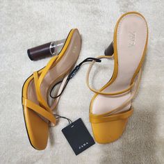 Zara Women's Heeled Mules Rich Yellow Zara Pointed Toe Heels For Summer, Zara Trendy Low Heel Shoes, Zara Trendy Low Heel Heels, Yellow Heels With Reinforced Heel For Summer, Zara Yellow Round Toe Heels, Zara Low Heel Heels For Summer, Zara Heels With Heel Strap For Spring, Spring Open Heel Zara Heels, Zara Yellow High Heels