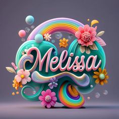 the word melsia is surrounded by colorful flowers and bubbles in front of a gray background