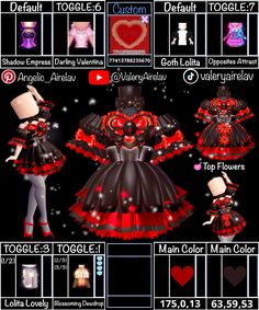 the dress is red and black with hearts on it, as well as other items