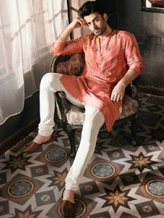 <p>Color: Bittersweet<br />Gorgeous kurta features rich quality embellished motifs on front and sleeves<br />Complement with white straight pajama<br /><br /><strong>Additional Accessories:</strong><br />Peshawari Sandal / Khussa: <strong>US$50</strong></p> India Fashion Men, Mens Kurta Pajama, Indian Wedding Clothes For Men, Mens Indian Wear, Boys Kurta Design, Wedding Kurta For Men, Kurta Pajama Men, Groom Dress Men, Indian Groom Wear