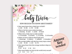 the baby trivia printable is shown with pink flowers