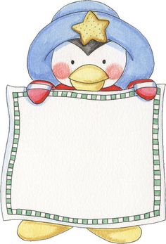 a cartoon penguin holding a sign with a star on it's head and wearing a hat