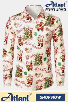 Great for vacation, Christmas holiday party, themed parties, etc. Holiday Festive Long Sleeve Shirt, White Long Sleeve Festive Shirt, Long Sleeve Christmas Holiday Shirt, Holiday Long Sleeve Shirt With Graphic Print, Holiday White Printed Top, Casual White Shirt For Festive Occasion, Red Long Sleeve Holiday Shirt, Mens Christmas Shirts, Cute Santa Claus