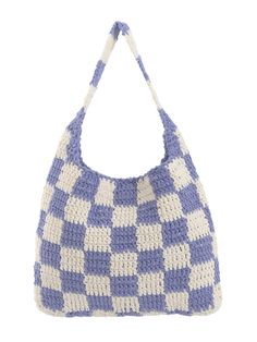 a crocheted bag with blue and white squares