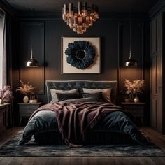 a bedroom with black walls and wooden flooring is lit by two chandeliers