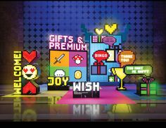 an animated video game display with various items