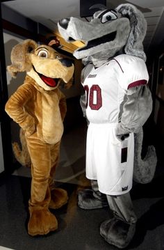 two mascots dressed in sports uniforms standing next to each other