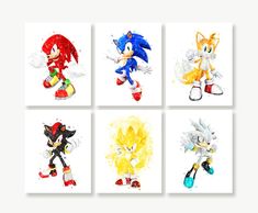 four pictures of sonic the hedgehogs in different colors and sizes, each with their own shadow