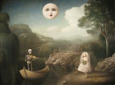 a painting with a skeleton and a bride on it's side in front of a full moon