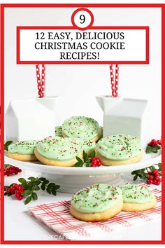 christmas cookies with green icing and sprinkles on a white platter