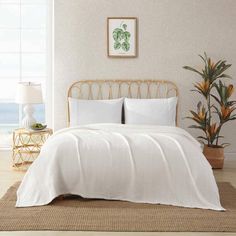 a bed with white linens and pillows in a room next to a potted plant