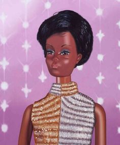 Original oil painting of a1968 African American vintage Barbie wearing a gold and silver jumpsuitoil painting Childhood Artists, Barbie Artwork, Christie Barbie, Munchkin Land, Barbie Painting, Tommie Smith, Black Power Movement, Neo Pop, Hyper Realistic Paintings