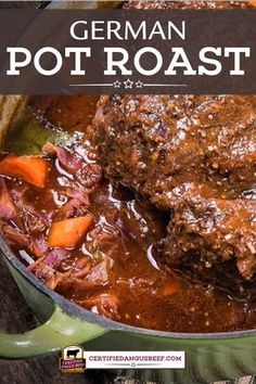 a pot roast with carrots and meat in gravy is shown on a wooden table