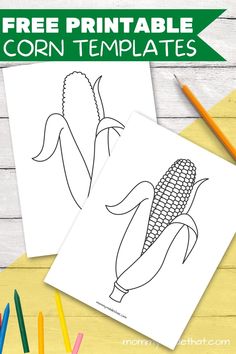 corn on the cob coloring page with crayons and pencils next to it