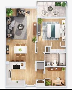 an overhead view of a two bedroom apartment