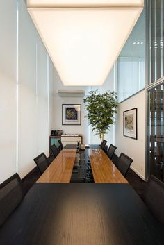 a long wooden table with black chairs and a potted plant in the middle of it