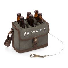 six beer bottles in a cooler with the word friends on it