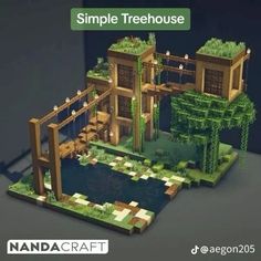 an image of a small treehouse made out of wood and plants on the ground