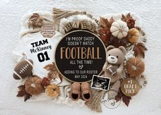 a football themed photo frame with teddy bears, pumpkins and other sports related items