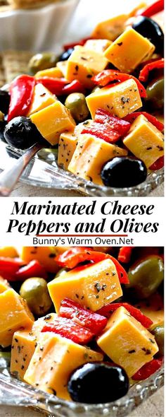 this is an image of marinated cheese peppers and olives