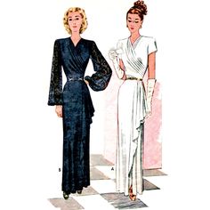 two women standing next to each other wearing long dresses and one has her hand on her hip