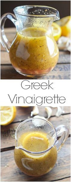 two pictures showing how to make greek vinaigrette in a glass pitcher with lemons and garlic on the side